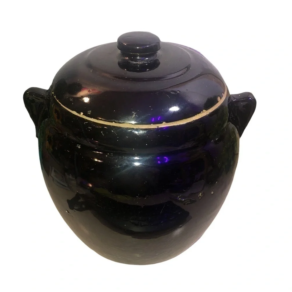 Vintage Crock Cookie Jar, Bean Pot & Lid, Cold Paint Floral